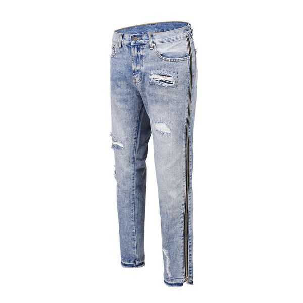 

jeans side zipper dtstressed kanye slim vintage blue biker jeans streetwear