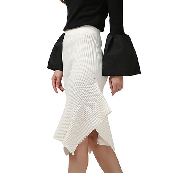 

skirts knitted patchwork ruffle skirt for women high waist striped irregular hem casual skirts female spring fashion, Black