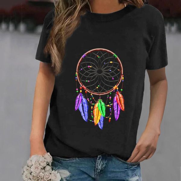 

women's t-shirt summer casual streetwear feather print female shirt harajuku short-sleeved blusas mujer #lr2, White