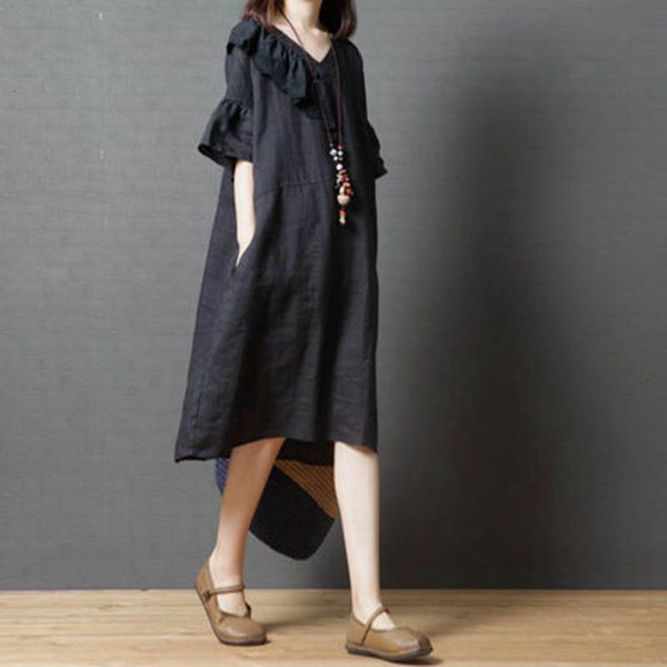 

dress women summer ruffles v neck short sleeve casual solid retro for the pregnant woman loose cotton clothes dressed in 06d5, Black;gray