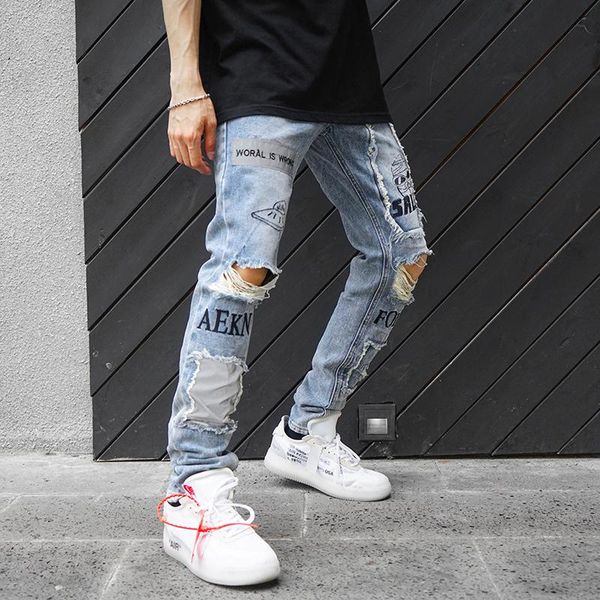 

hole skinny jeans men streetwear letter print patchwork straight pencil pants male vaqueros hombre hip hop trousers men's, Blue