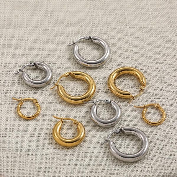 

hoop & huggie trendy punk gold silver color chunky earring for women vintage round circle piercing stainless steel earrings party jewelry, Golden;silver