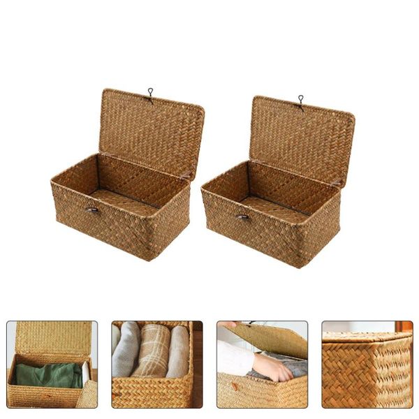 

2pcs seaweed woven storage box basket with lid sundry organizer case container baskets