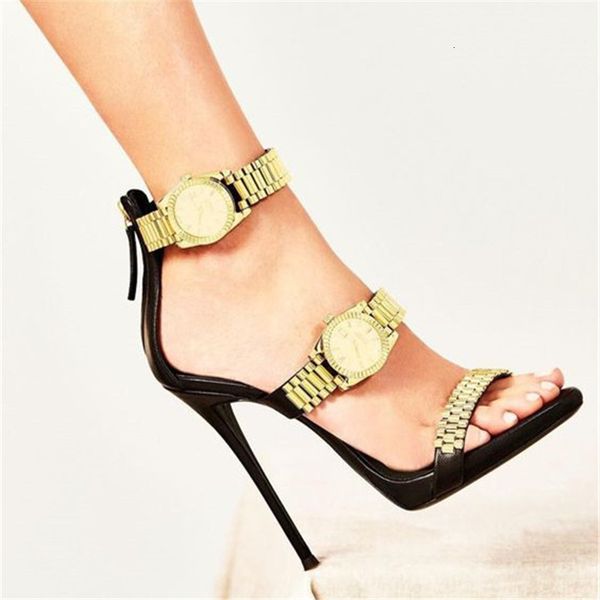

sandals watch luxury gold studded heel metal chain decor gladiator women designer high heels party shoes woman m0yz, Black