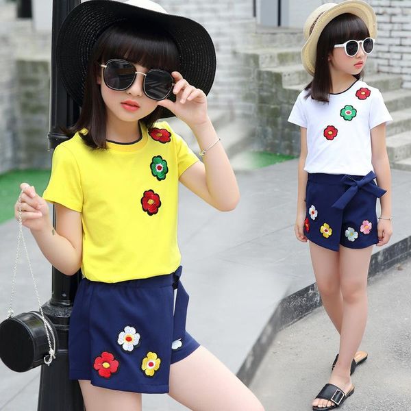 

clothing sets girls kid toddler boutique outfits summer clothes children floral t shirt + shorts 2 to 13 years, White