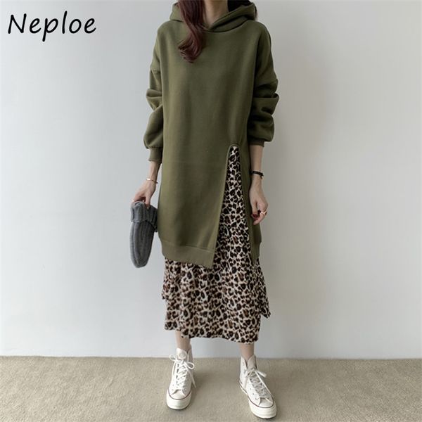 

hooded leopard pattern fake two-piece dress chic autumn winter dresses women contrast color patchwork split vestidos 210422, Black;gray