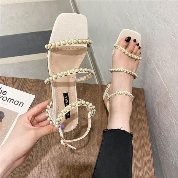 

sandals folds grain pearl studs open toe narrow band women sweet bead square flip flops thick med high heels sandalias femme, Black
