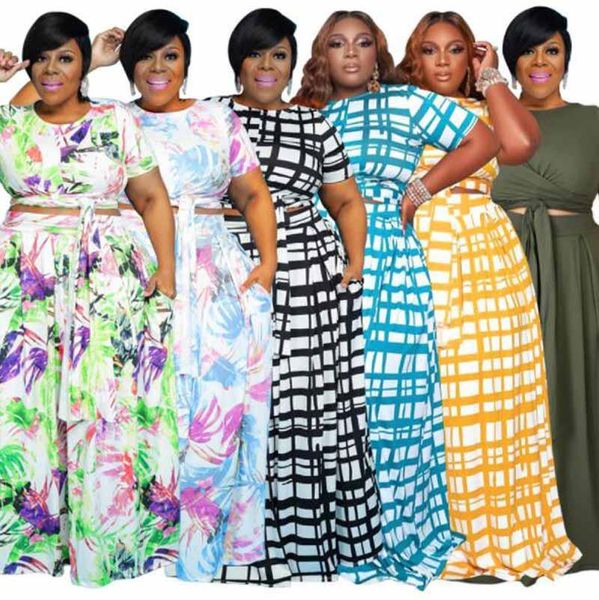 

women's two piece pants cultiseed european women plus size summer print short sleeve t-shirt+loose wide leg pant 2pc sets clothting fem, White