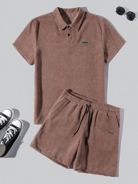 

men letter patched detail polo shirt & drawstring waist shorts q5uh#, Gray