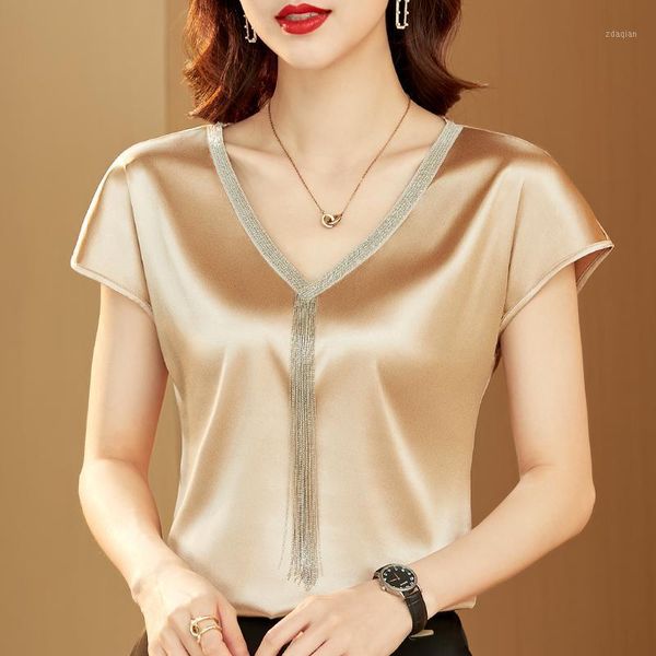 

women's blouses & shirts women silk fashion solid v-neck tassel satin bat sleeve blouse for office lady loose plus size blusa 15494, White