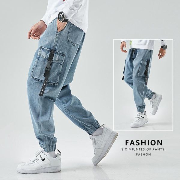

men's jeans men joggers cargo denim pants baggy harem japanese streetwear styke male ankle harajuku casual hip hop trousers, Blue