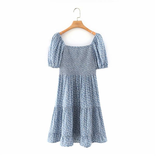

casual dresses vintage female evfer square turtleneck short blue puff mini dress chic lady plied elastic waist high dressed in floral printi, Black;gray