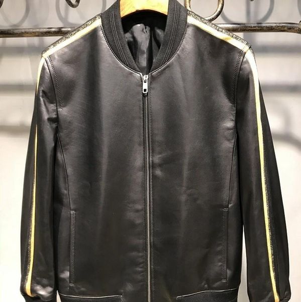 

men's leather & faux mens vintage short slim mixed colors o-neck fashion genuine jackets pockets zippers natural sheepskin casual coat, Black