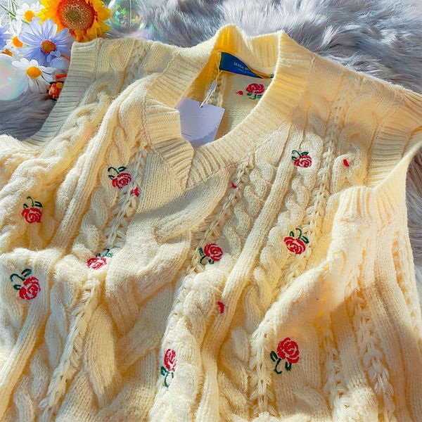 

small girl autumn winter embroidery flower college style casual sweater vest, White