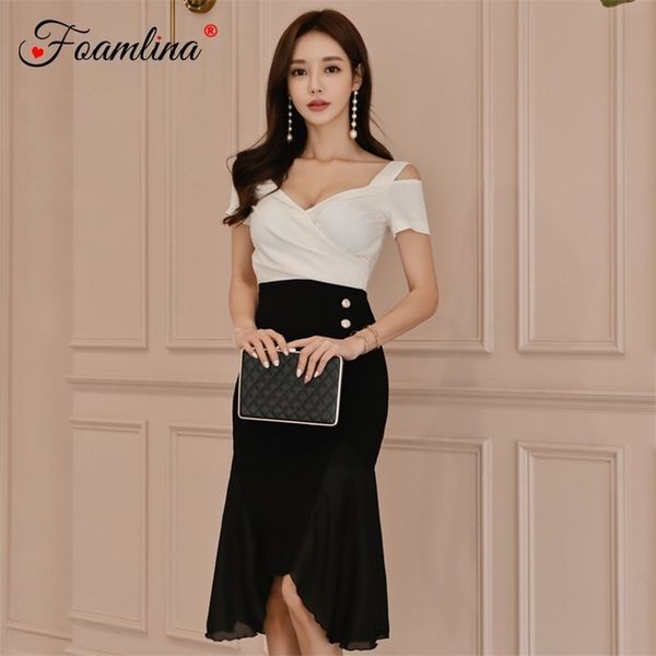 

elegant women summer dress v neck cold shoulder short sleeve color block chiffon patchwork casual work party dresses 210603, Black;gray