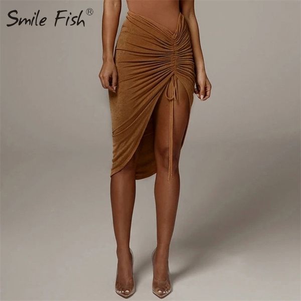 

high waist lace up mini skirts womens ruched drawstring hip tight slit skirt club wrinkled irregular orange pary g1860 220312, Black