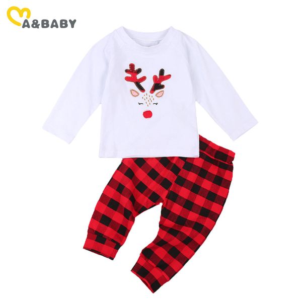 6m-4y Natal criança infantil bebê criança meninas conjunto conjunto dos desenhos animados veados manga longa top vermelho calças xadrez crianças roupas 210515