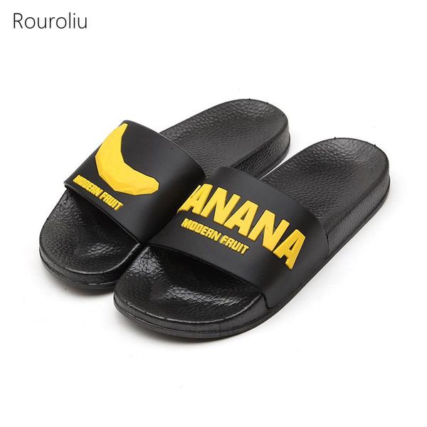 

slippers rouroliu 2021 women cute fruit lovers flip flops breathable house shoes outdoor couple slides, Black