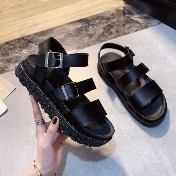 

sandals women summer shoes woman flat platform soft leather casual open toe gladiator wedges, Black