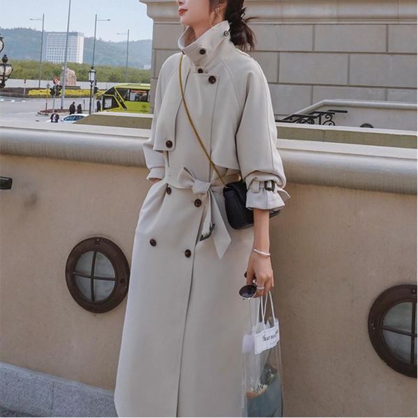 

women's trench coats coat women elegant stand collar with belt pick hip solid beige high street 2021 autumn fashion, Tan;black