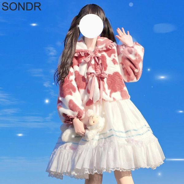 

women's fur & faux kawaii lolita coat girl sweet cute chic bowknot big pearl loose long sleeve zipper jacket women 2021 winter warm ruf, Black