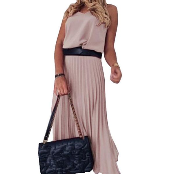 

casual dresses olomlb 2021 summer fashion solid v neck sleeveless ladies long pleated belt women clothing basic, Black;gray