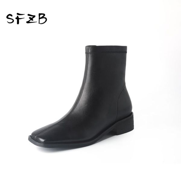 

boots sfzb 2021 basic women ankle casual concise genuine leather zip thick heels working shoes woman autumn winter, Black