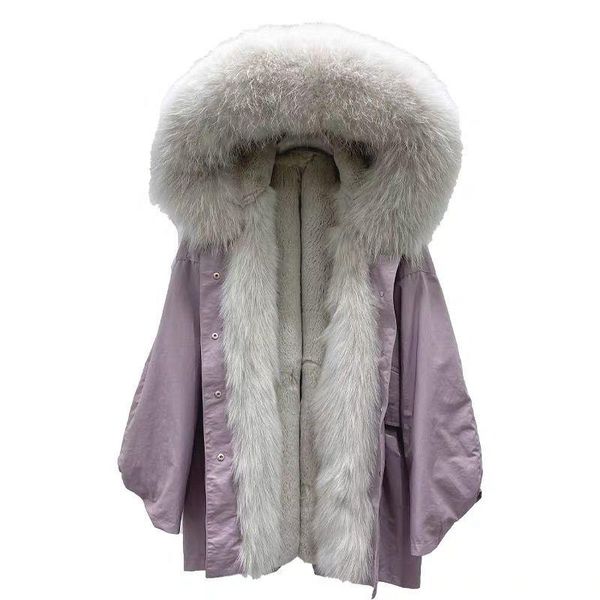 

women's fur & faux real collar parka 2021 winter warm loose plus size whole skin liner korean natural hooded outerwear, Black
