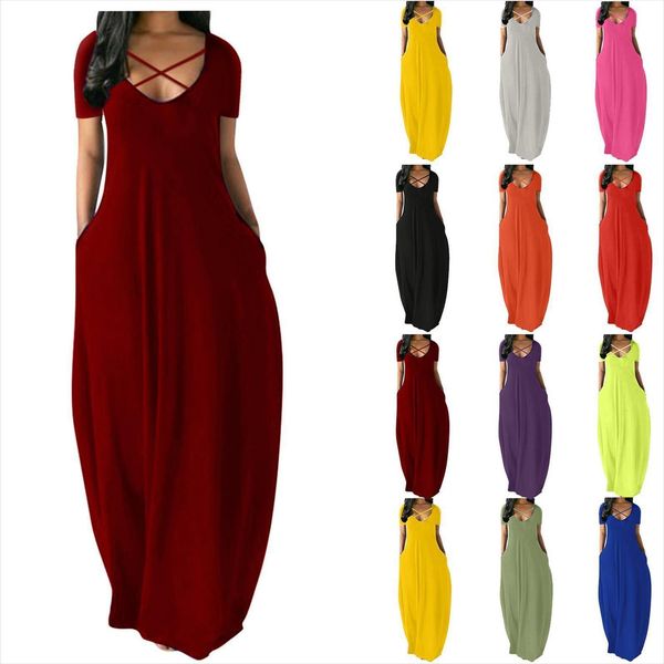 

fashion robe casual women dress plus size clothing solid o neck pockets sleeveless maxi party long jurk, Black;gray