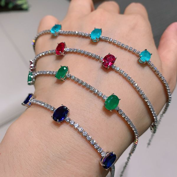 

knriquen 925 sterling silver paraiba tourmaline ruby emerald aquamarine stone strand bracelet for women fine jewelry whole, Golden;silver