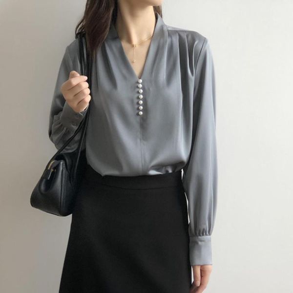 

women's blouses & shirts women chiffon blouse long sleeve autumn female button v neck retro ladies temperament draped shirt 2021, White