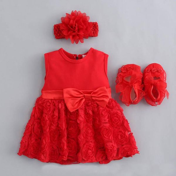 

summer dress for baby girl wedding party birthday outfits headband shoes set christening gown girl's dresses, Red;yellow