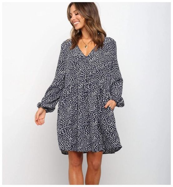 

casual dresses autumn 2021 dot print dress for women fashion boho long sleeve v neck a line mini blue femme vestidos winter, Black;gray