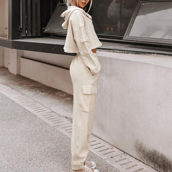 

women's two piece pants autumn winter pocket hooded leisure sports suit two-piece ladies solid color long sleeve lace-up trouser, White