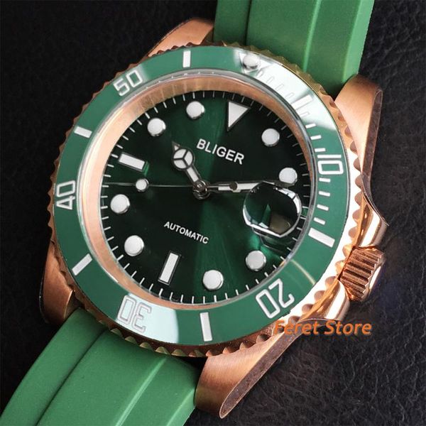 

wristwatches bliger 40mm sterile mechanical watch rose gold case sapphire glass ceramic bezel green dial nh35 movement automatic, Slivery;brown