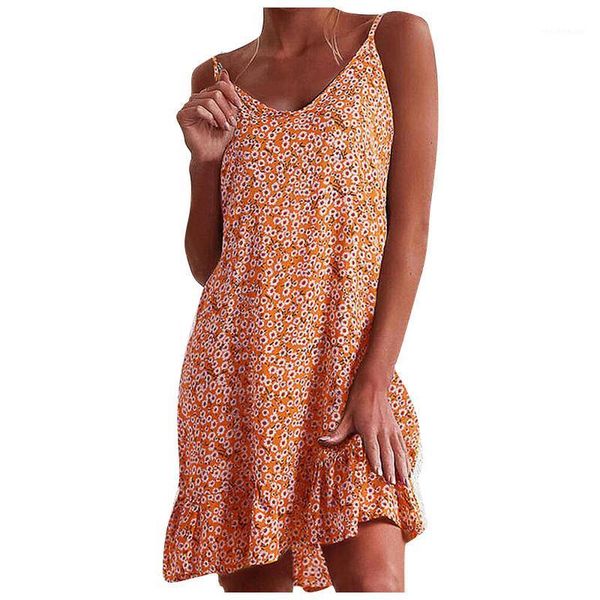 

casual dresses v-neck floral woman's dress ruffle sleeveless sling knee-length mini holiday beach summer vestido de mujer, Black;gray