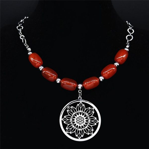 

bohemian sunflower flower stainless steel natural stone chocker necklaces women silver color necklace jewelry bijuteria n4407s04 pendant