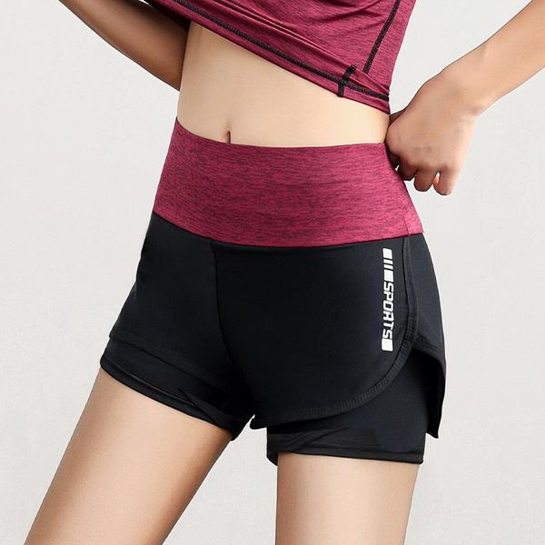 

yoga outfits fake two pieces shorts women fitness solid color casual elastic running workout short leggings for ladies gym sport, White;red