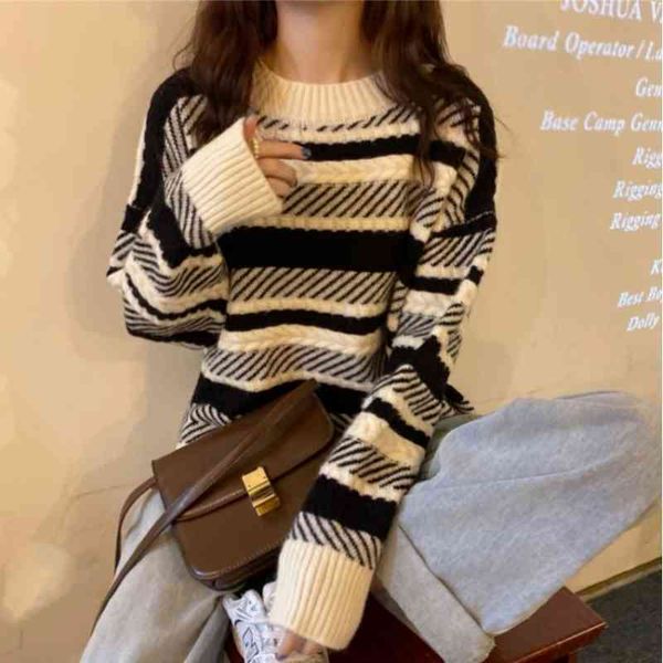 

women's sweaters autumn and winter lazy retro-lazy hedging wind striped bottom mesh outdoors wear around the neck female sweater zf56, White;black