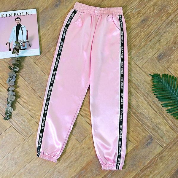 

women's pants & capris womens summer satin highlight glossy thin loose slim fit ribbon fashion harajuku joggers sports with big pocket, Black;white