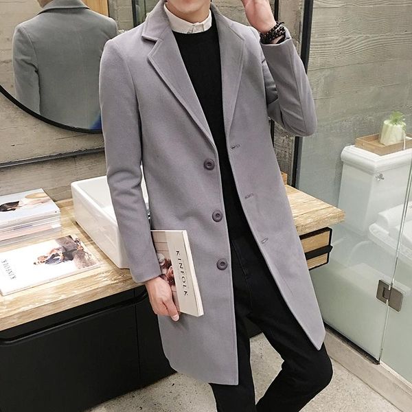 

men's wool & blends 2021 autumn winter men casual boutique long coat/male solid color lapel single breasted trench jacket windbreaker, Black