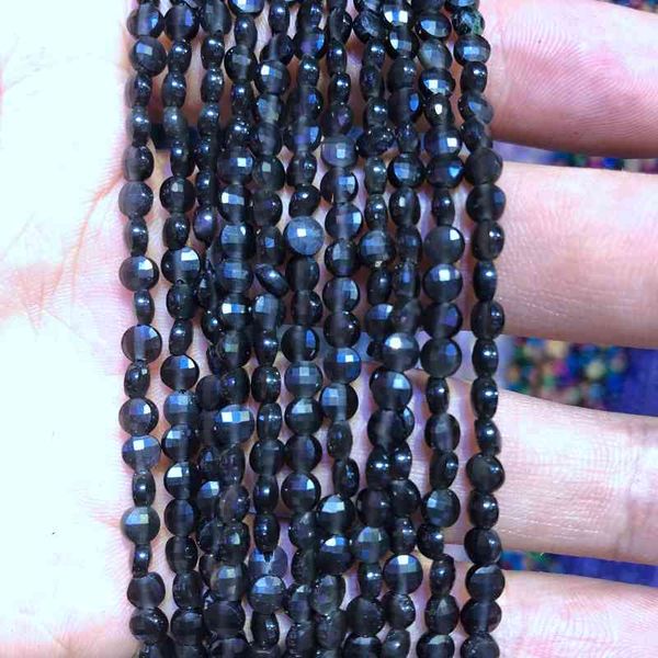 

whole 2strings natural black obsidian 2x4mm faceted bean coin gem stone loose beads for jewelry diy 15.5"/string