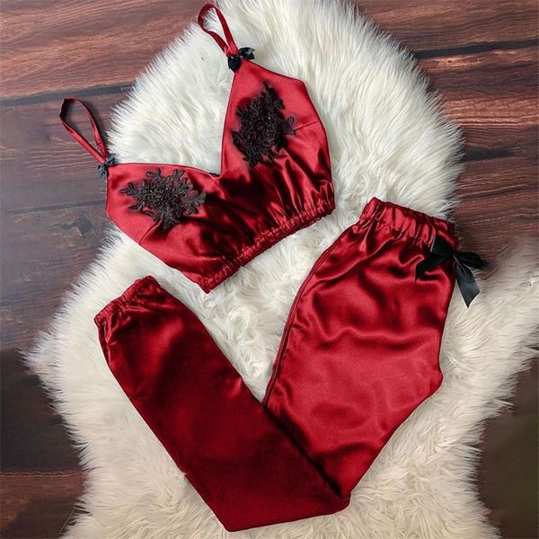 

s-3xl plus size women applique beaded satin pajamas set v-neck camisole sleepwear bowknot long pants set pyjamas feminino 210320, Black;red