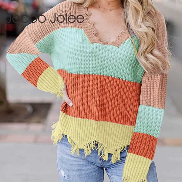 Jocoo Jolee Herbst Winter Vintage Patchwork Pullover Elegante V-ausschnitt Farbe Block Ripped Quaste Unregelmäßige Pullover Stricken Tops 210619