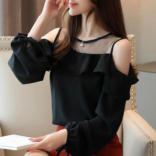 

blouses woman 2021 fashion ruffles off shoulder long sleeve women shirts chiffon blouse womens and b953 women's &, White