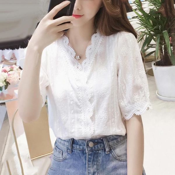 

fashion women floral lace brim half sleeve v neck breathable blouse shirt women's blouses & shirts, White
