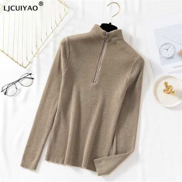 

women's sweaters ljcuiyao knitted turtleneck sweater women autumn winter zipper up solid color slim knitting big size bright silk femme, White;black