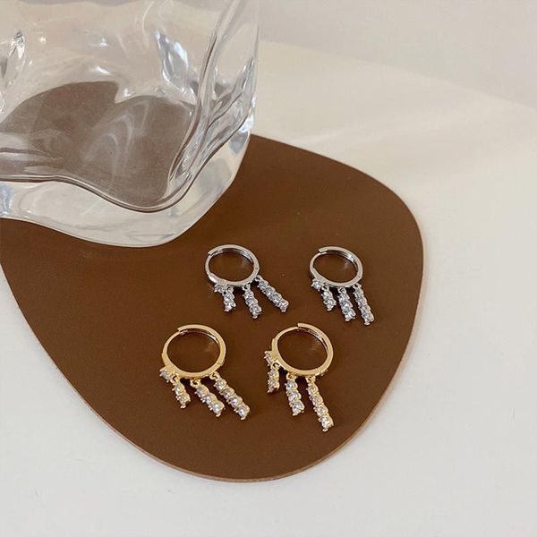 

hoop & huggie delicate drop three cubic zirconia bar earrings for women chunky hanging small circle hoops with charms 2021 ins, Golden;silver