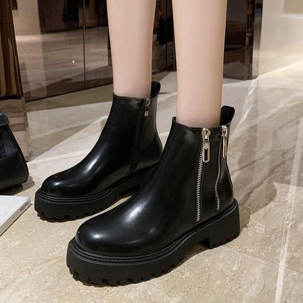 

boots 2021 zipper rock shoes woman women's rubber boots-women low heels booties winter footwear ladies round toe1, Black