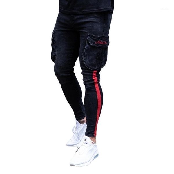 

style men's white vertical stripe slim stitching trousers with paint webbing pocket jeans calsas homem for men, Blue